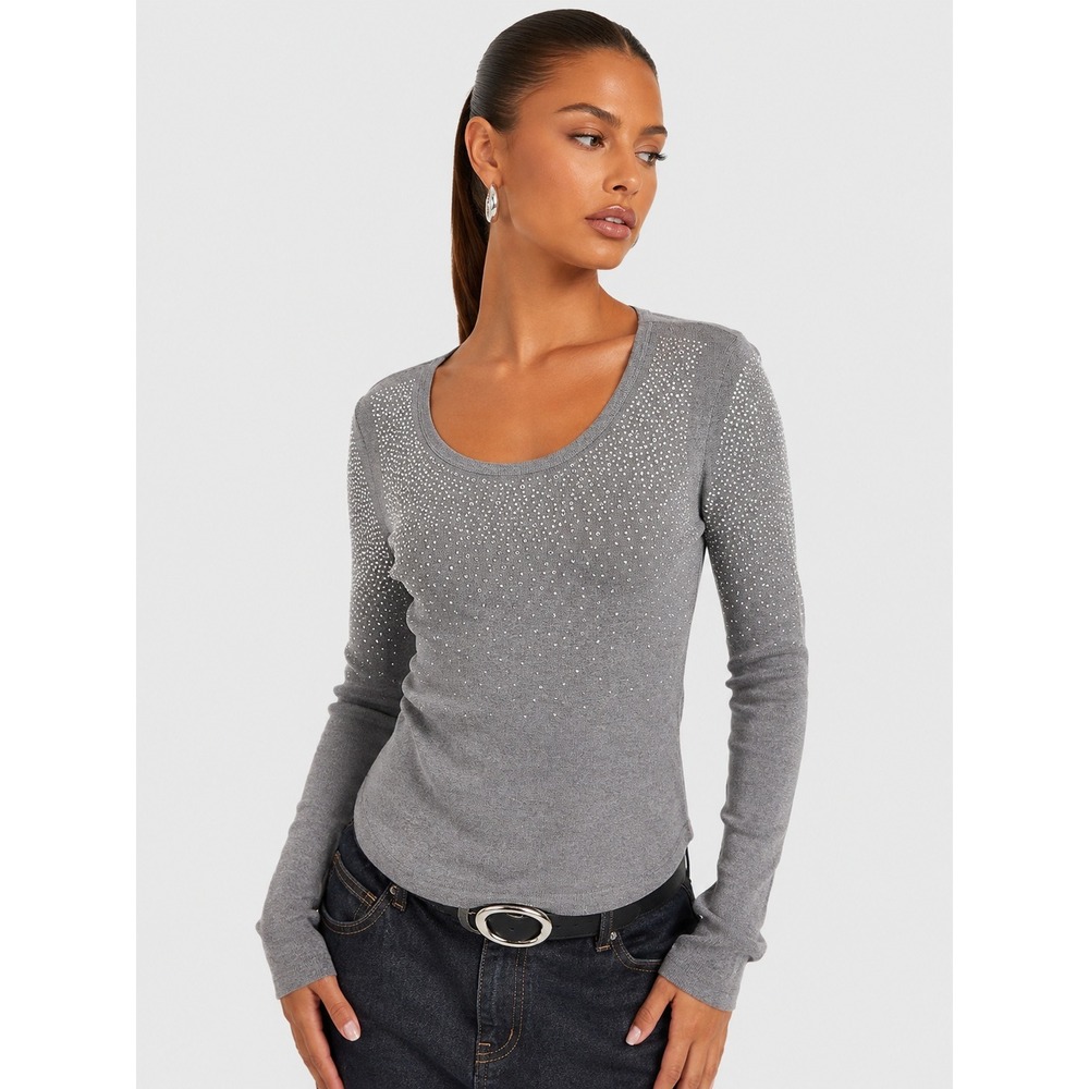 Vocal Gray Rhinestone Embellished Scoop Neck Long Sleeve Top S